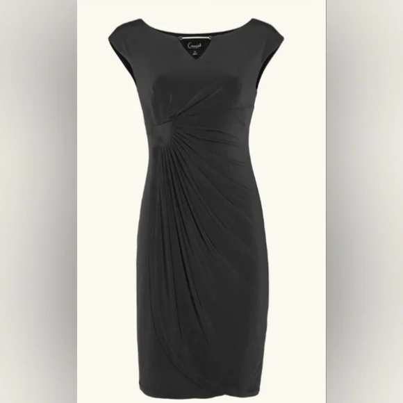 Connected Apparel Lisa Metal Detail Bar Black Faux Wrap Rouch Dress Size 10 - Picture 4 of 11